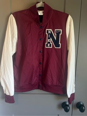 Nike Women's Retro Letterman Snap Varsity Jacket Maroon & White Size Small